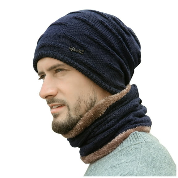 HNMKIU Hats Winter Hood For Men Knit Windproof Coif Hats Warm Scarf Integrated Earflap Travel Ready Winter Headwear Navy,One Size