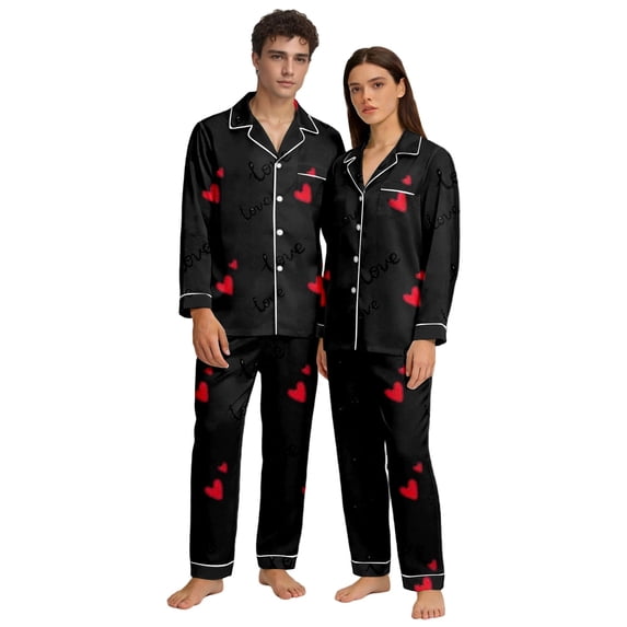 HNMKIU Heart Print V-Neck Long Sleeve Pants Button Closure Valentine's Day Couples Pajamas Set Cozy Sleepwear 04_Black,S