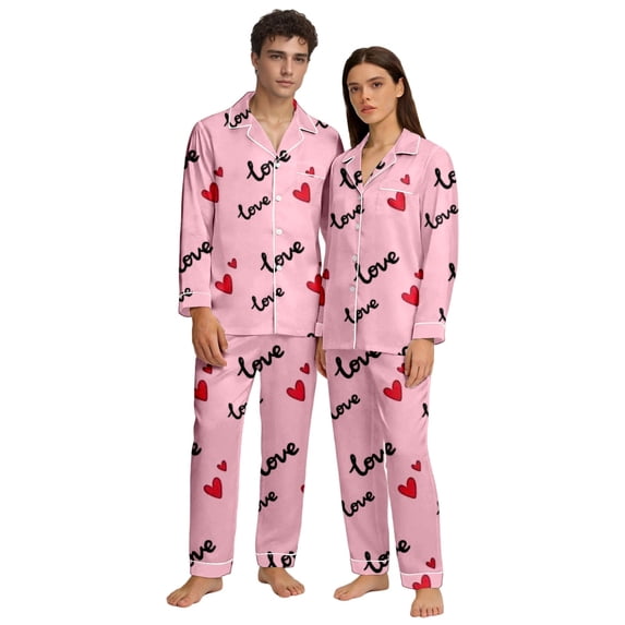 HNMKIU Heart Print V-Neck Long Sleeve Pants Button Closure Valentine's Day Couples Pajamas Set Cozy Sleepwear 04_Pink,S