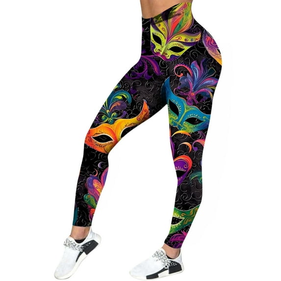 HNMKIU High Waisted Leggings for Women Carnival Colorful Feather Print Casual Workout Tight Lifting Yoga Pants Z02_Black,M