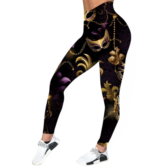 HNMKIU High Waisted Leggings for Women Carnival Colorful Feather Print Casual Workout Tight Lifting Yoga Pants Z02_Gold,M