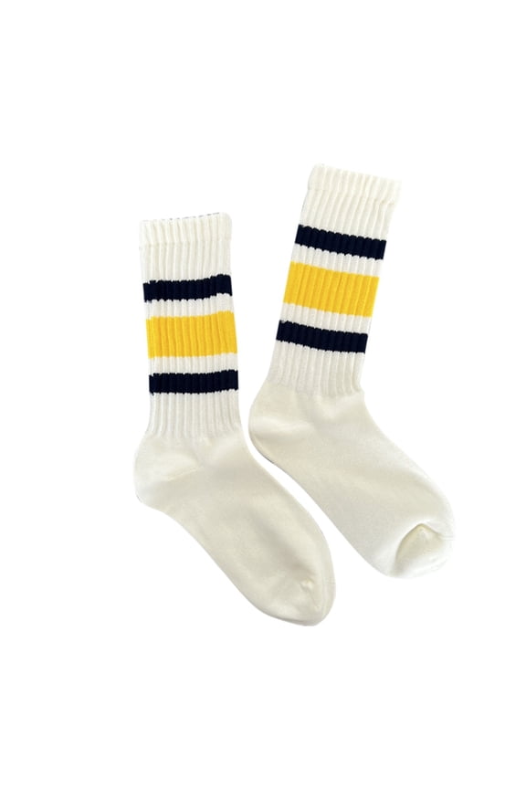 Japanese Style Thick Lined Retro Striped Socks For Women And Men Sporty Mid Calf Crew Pair Yellow,One Size