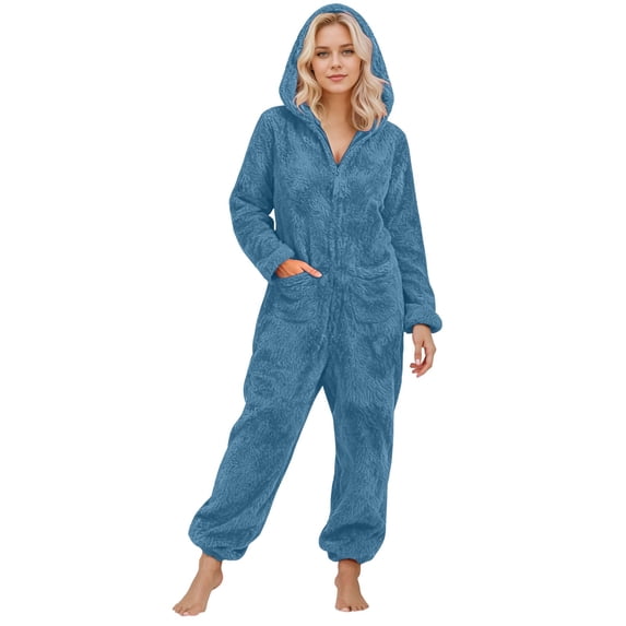 HNMKIU Jumpsuits for Women Fuzzy Hoodie Long Sleeve Romper Pajamas with Pockets Warm Winter Loungewear Blue,M
