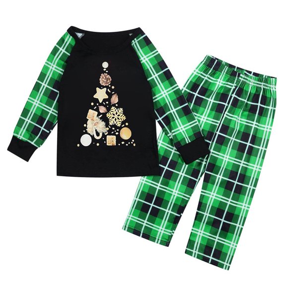 HNMKIU Kids Christmas Family Matching Outfits Printed Long Sleeve Tops with Plaid Trousers Pants Set for Boys Girls Parents Holiday