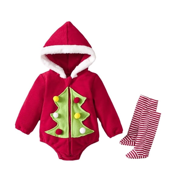 HNMKIU Kids Christmas Jumpsuit Soft Hooded Baby Girls Romper Jumpsuit With Long Sleeves And Footies For Toddler Winter Outfit Warm Playwear Christmas Outfit Red - 18-24 Months