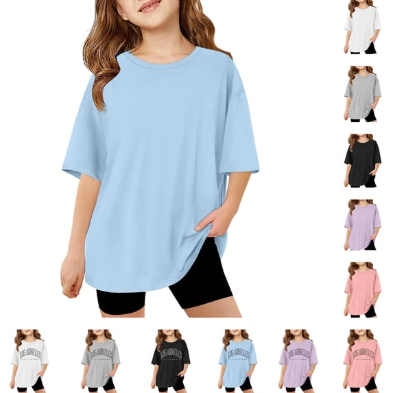 HNMKIU Kids Girls Short Sleeve T Shirts Kids Summer Oversized Tops Casual Crewneck Basic Tees