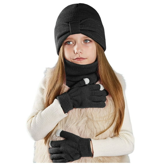 HNMKIU Kids Gloves Children Hat Scarf and Glove Set Fashionable Outdoor Baby Warm Three Piece Set Solid Color for Winter Season 01_Black,One Size