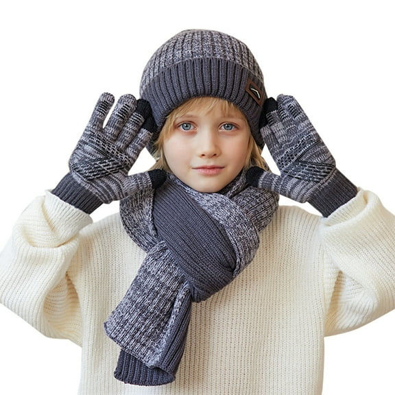 HNMKIU Kids Gloves Winter 4 to 10 Years Old Children Winter Hat Scarf and Gloves Three Piece Set Outdoor Warm and Knitted Hat for Cold Weather 02_Grey,One Size