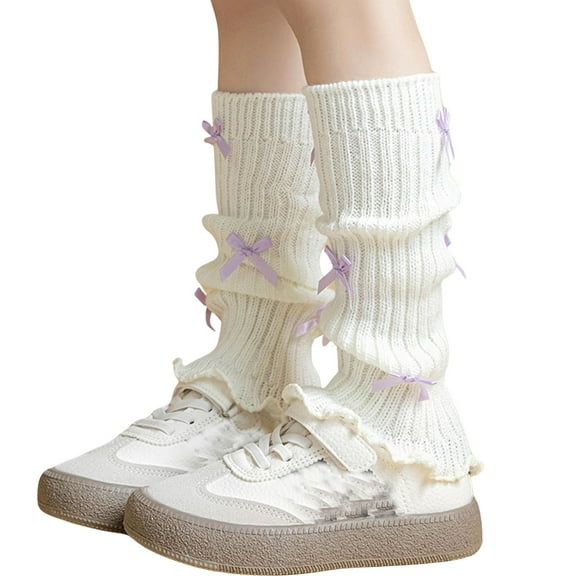 HNMKIU Kids Knitted Leg Warmers Loose with Bow Cute Ballet Style Knee High Warm Socks for Girls Soft Comfortable for Autumn and Winter Wear 04_Purple,One Size