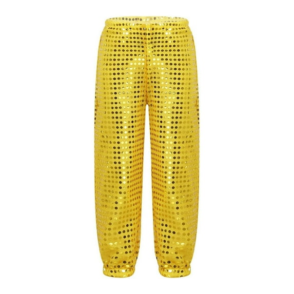 HNMKIU Kids Sequins Loose Jazz Hop Street Dance Pants Harem Trousers Dancewear For Boys Girls Performance Pants With Cheerleader Casual Straight Pants For Children Yellow,3-4 Years