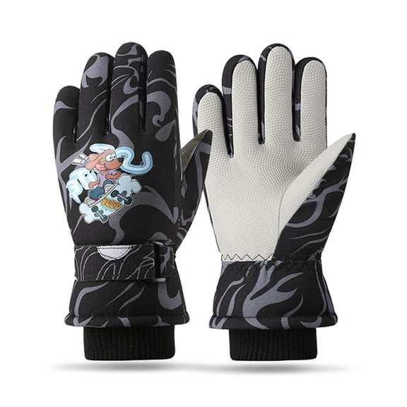 HNMKIU Kids Thermal Insulated Ski Gloves And Mittens For Outdoor Winter Sports Snowboarding Biking With Adorable Cartoon Designs Black,L