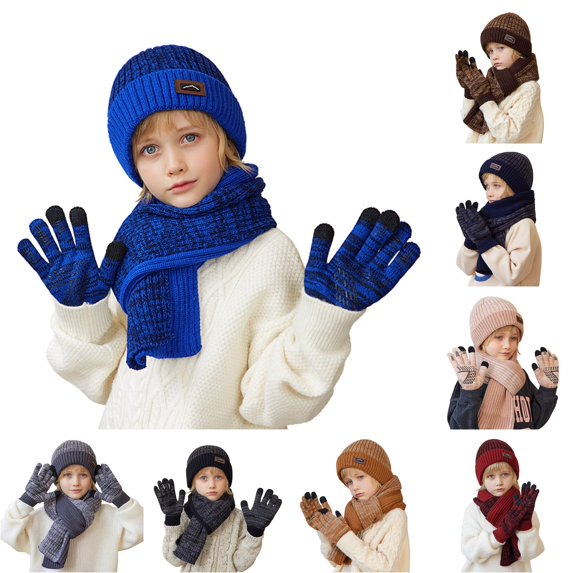 HNMKIU Kids Winter Hat Scarf 3Pcs Set Knitted Warm Outdoor Wear for Children 4-10 Years Blue - One Size