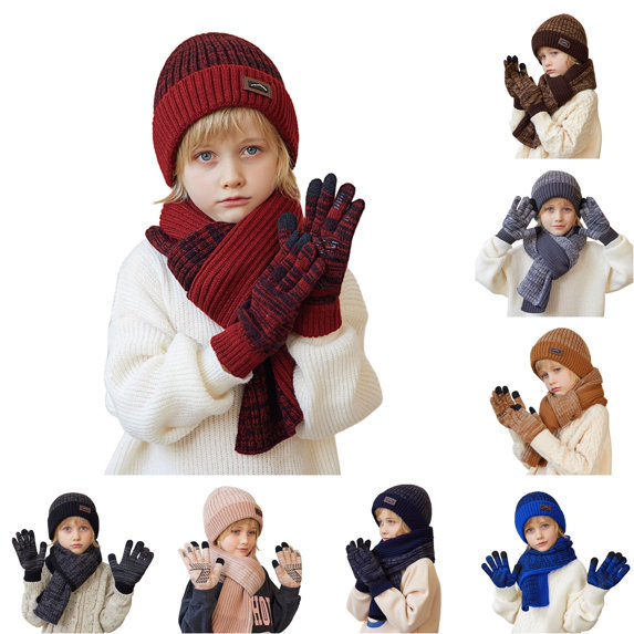 HNMKIU Kids Winter Hat Scarf 3Pcs Set Knitted Warm Outdoor Wear for Children 4-10 Years Red - One Size