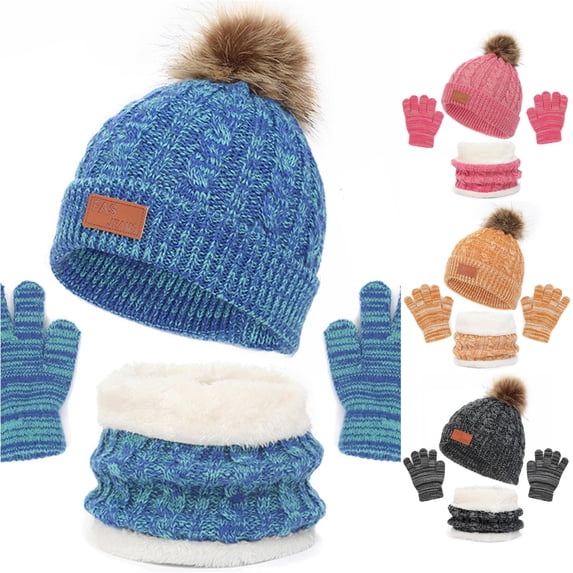 HNMKIU Kids Winter Hat Scarf Set Cozy Knitted Three-Piece Outdoor Playsuit for Toddlers Baby Boys Girls Warm Fashion Accessory Blue - M