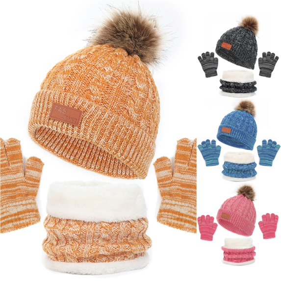 HNMKIU Kids Winter Hat Scarf Set Cozy Knitted Three-Piece Outdoor Playsuit for Toddlers Baby Boys Girls Warm Fashion Accessory Yellow - M