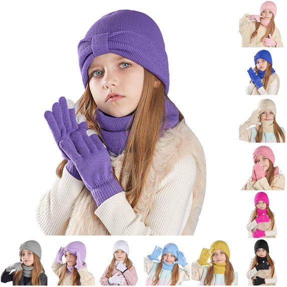 HNMKIU Kids Winter Knit Scarf Mittens Set Cozy Toddler Boys Girls Outdoor Playsuit Accessories Warm Lined Three-Piece Ensemble Purple - One Size