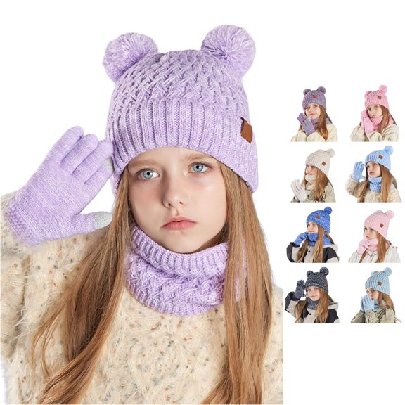 HNMKIU Kids Winter Knit Scarf Mittens Set Cozy Toddler Outdoor Playset Soft Warm Three-Piece Accessory Ensemble Purple - One Size