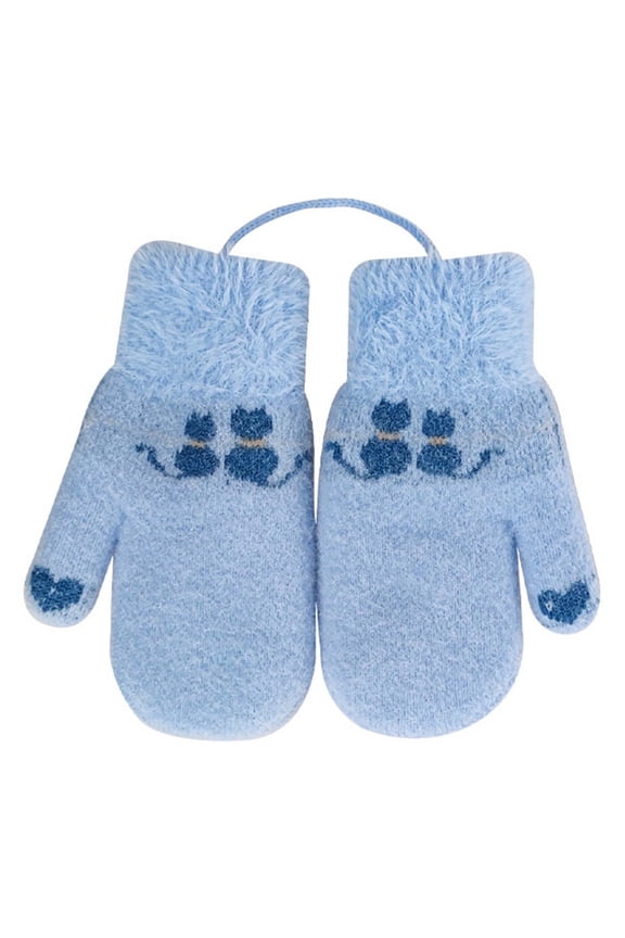 Adorable Cat Design Kids Winter Knitted Mittens with Detachable Lanyard for Cold Weather Outdoor Play Blue,4-7 Years