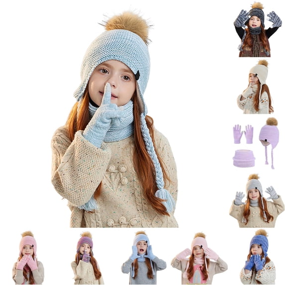 HNMKIU Kids Winter Knitted Scarf Hat Set With Lined Ear Warmer Neck Warmer For Cold Weather Outdoor Activities Light Green - 4-10 Years