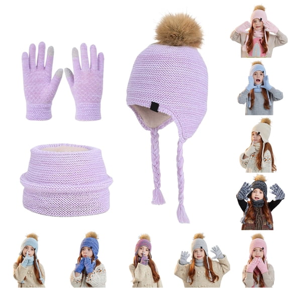 HNMKIU Kids Winter Knitted Scarf Hat Set With Lined Ear Warmer Neck Warmer For Cold Weather Outdoor Activities Purple - 4-10 Years