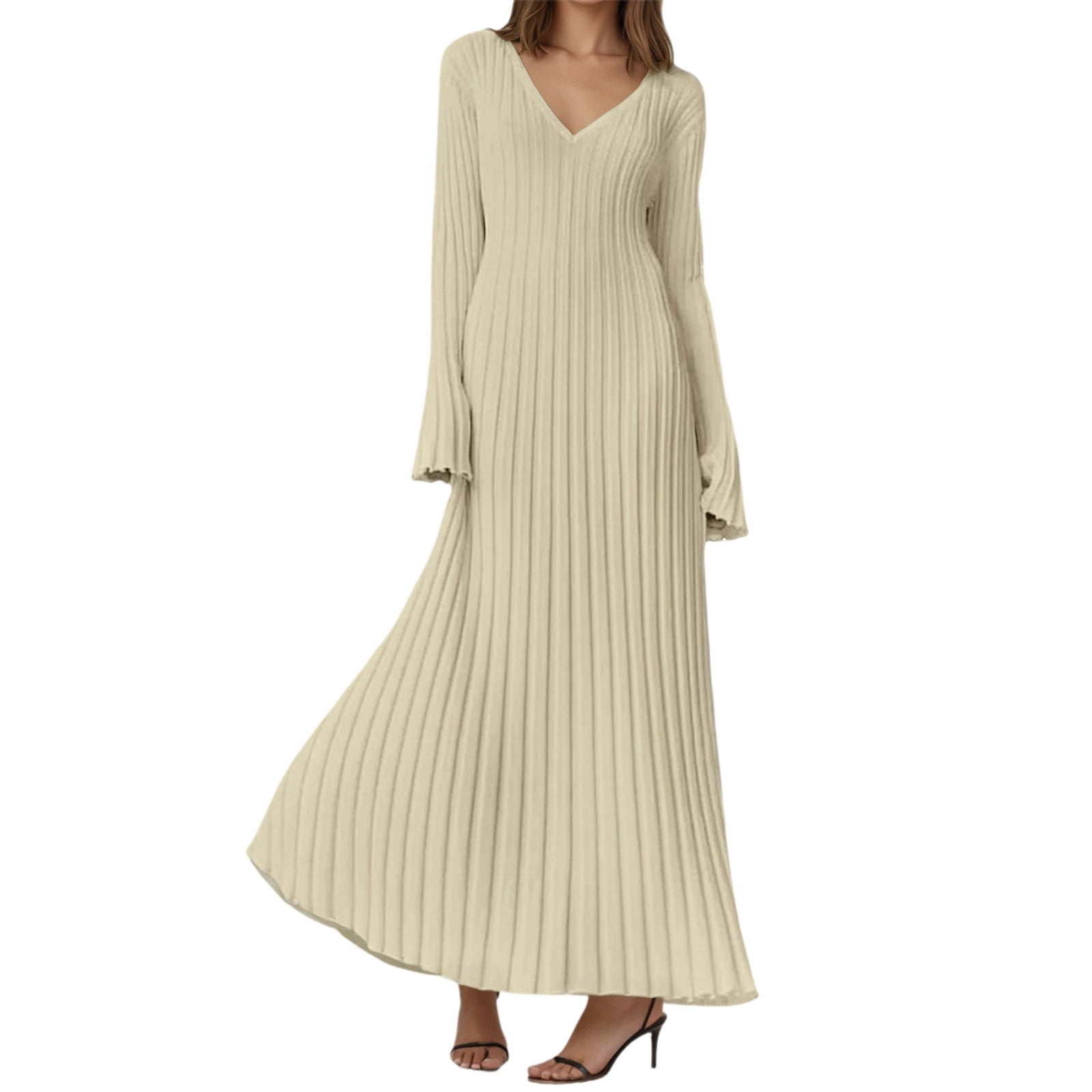 Slenderizing HNMKIU Knit Maxi Dress for Elegant Turtleneck Ribbed Textured Bodycon ...