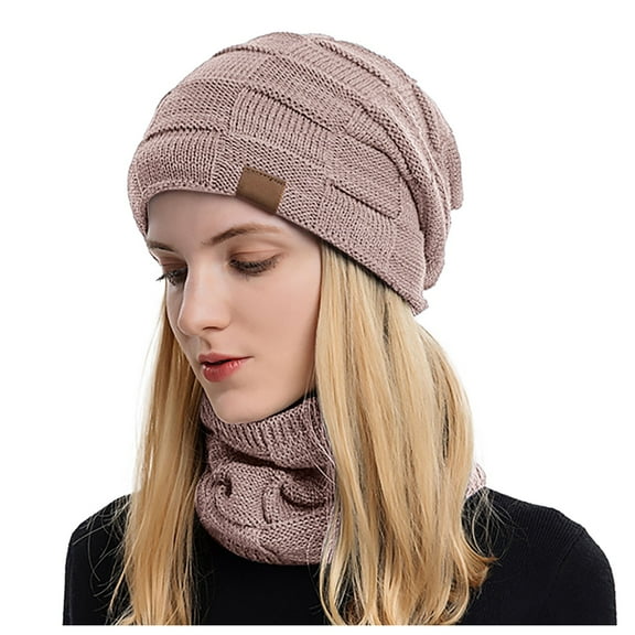 HNMKIU Knit Winter Hat and Scarf Set Cozy Woolen Neck Warmer Matching Cold Weather Accessories Pink,One Size