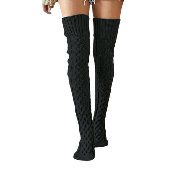 HNMKIU Knitted Over The Knee Socks Long Stockings Warm Winter Stretchable Soft Yarn Textured Leg Warmers Cozy Casual Wear Cozy Socks for Soft Comfort 03_Black,One Size