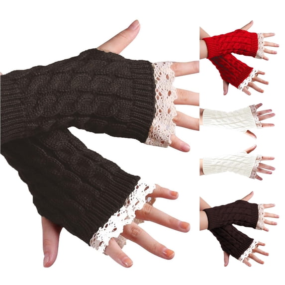 HNMKIU Knitted Lace Casual Fingerless Half Women's Mittens Solid Hand Warmers Dark Gray - A