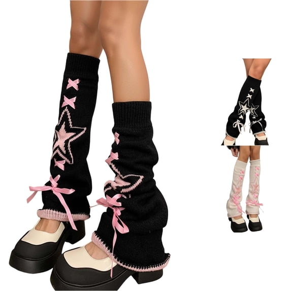 HNMKIU Knitted Leg Warmers Flared Ribbon Boho Layered Socks Alternative Style Pink - One Size