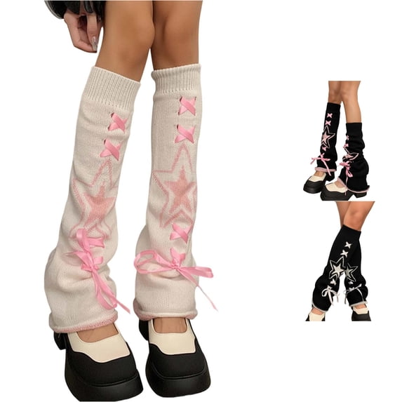 HNMKIU Knitted Leg Warmers Flared Ribbon Boho Layered Socks Alternative Style White - One Size
