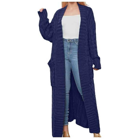 HNMKIU Knitted Sweater Coat Long Cardigan Warm Winter Fashion Outerwear Casual Oversized Button Front Pocket Detail Womens Sweaters Navy,XL