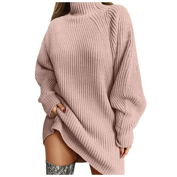 HNMKIU Knitted Sweater Dress Long Sleeve Mid Length Turtleneck Pullover Tunic Fall Dresses for Women Casual Comfortable 2-Pink,XXL