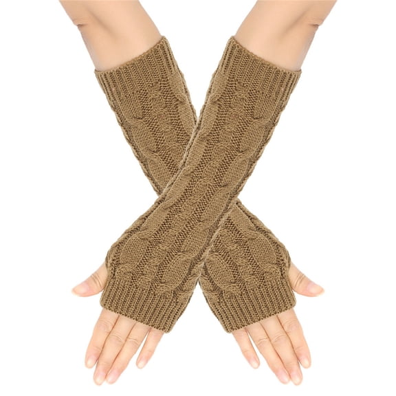 HNMKIU Knitted fingerless gloves for women with Thumb Hole Unisex Warm Gloves Long Arm Warmers for Texting in Winter and Fall Khaki,One Size