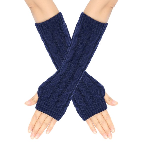 HNMKIU Knitted fingerless gloves for women with Thumb Hole Unisex Warm Gloves Long Arm Warmers for Texting in Winter and Fall Navy,One Size