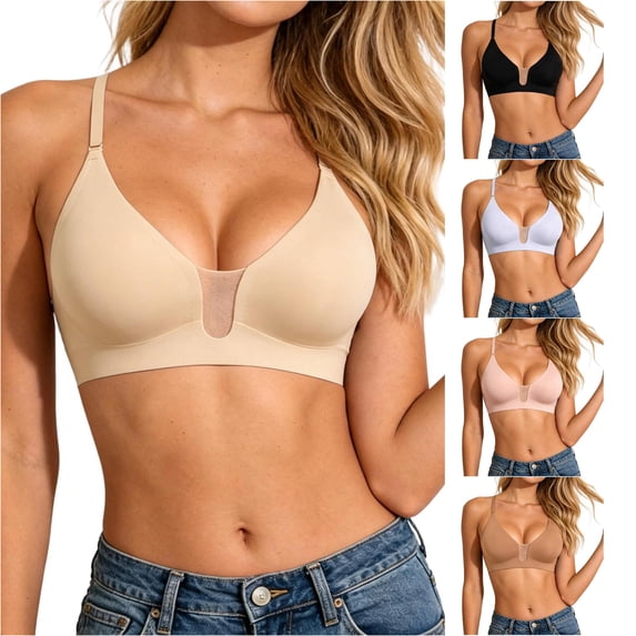 HNMKIU Lace Underwire Bra Back Strappy Full Coverage Everyday Comfort T-Shirt Daily Solid Seamless Design Beige - M