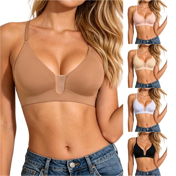 HNMKIU Lace Underwire Bra Back Strappy Full Coverage Everyday Comfort T-Shirt Daily Solid Seamless Design Coffee - XL