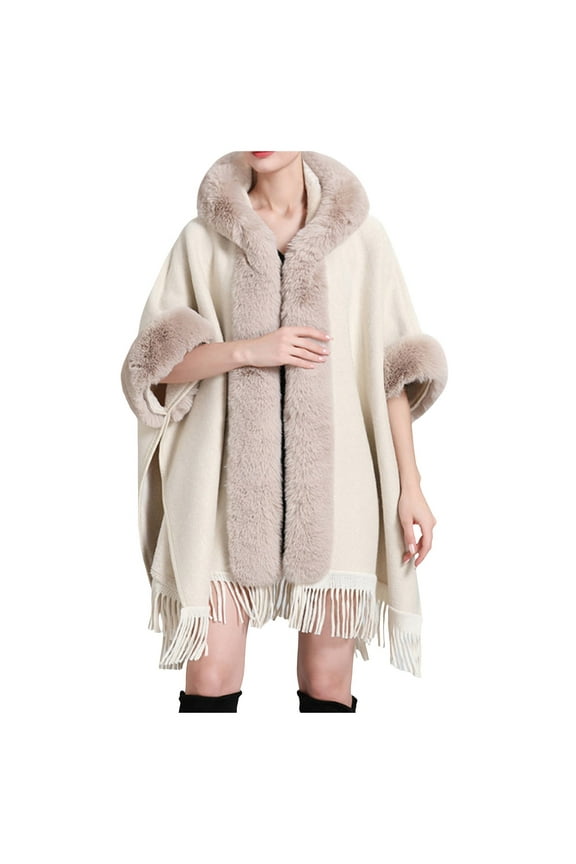 - Ladies Autumn Winter Imitation Collar Hooded Shawl Cape with Woolen Coat Styling for Elegant Layering and Cozy Outerwear Beige,One Size