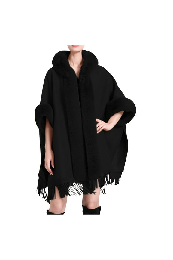 - Ladies Autumn Winter Imitation Collar Hooded Shawl Cape with Woolen Coat Styling for Elegant Layering and Cozy Outerwear Black,One Size