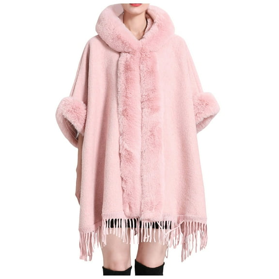 HNMKIU - Ladies Autumn Winter Imitation Collar Hooded Shawl Cape with Woolen Coat Styling for Elegant Layering and Cozy Outerwear Pink,One Size