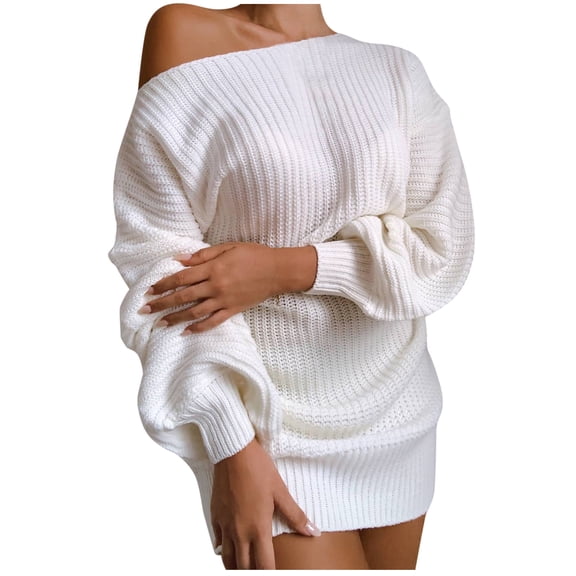 HNMKIU Ladies Casual Sweater Dress Strapless Long-Sleeved Loose Strap Mid-Length Sweater Dress for Women White,M