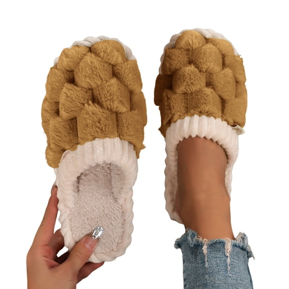 HNMKIU Ladies Fashion Winter Warm Solid Color Closed Toe Flat Bottom Fuzzy Slippers Z02_Coffee，8.5