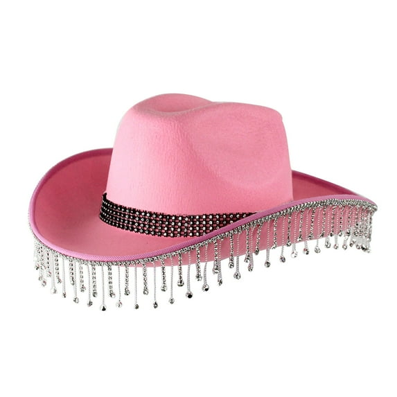 HNMKIU Elegant Western Cowboy Hat for Women with Rhinestone Fringe and Solid Design for Party Wedding Events Hot Pink,One Size
