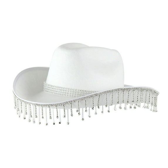 HNMKIU Ladies Solid Color Party Rhinestone Fringe Wedding Top Hat Western Cowboy Hat for Women - Stylish Accessory for,White