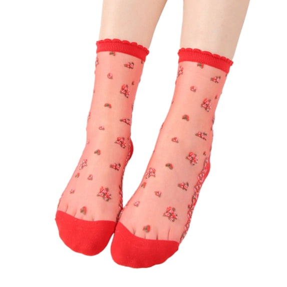HNMKIU Ladies Summer Sheer Floral Stockings Soft Breathable Short Socks For Casual Comfort And Stylish Everyday Wear Red,One Size