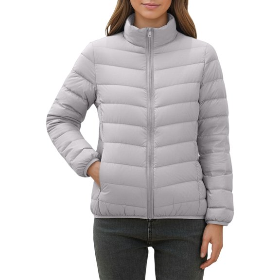 HNMKIU Lightweight Down Jacket Short Stand Collar Coat Winter Warm Slim Fit Outerwear Casual Plus Size Quilted Plus Size Coats for Women Comfortable for Autumn and Winter Light Gray,L