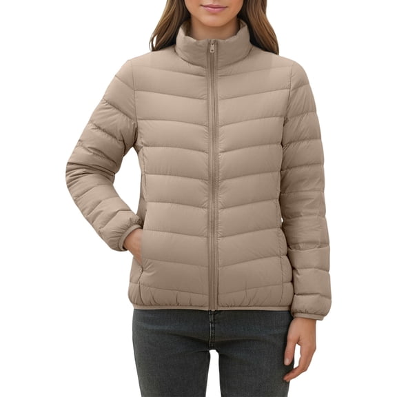 HNMKIU Lightweight Down Jacket Short Stand Collar Coat Winter Warm Slim Fit Outerwear Casual Plus Size Quilted Plus Size Coats for Women Comfortable for Autumn and Winter Khaki,L