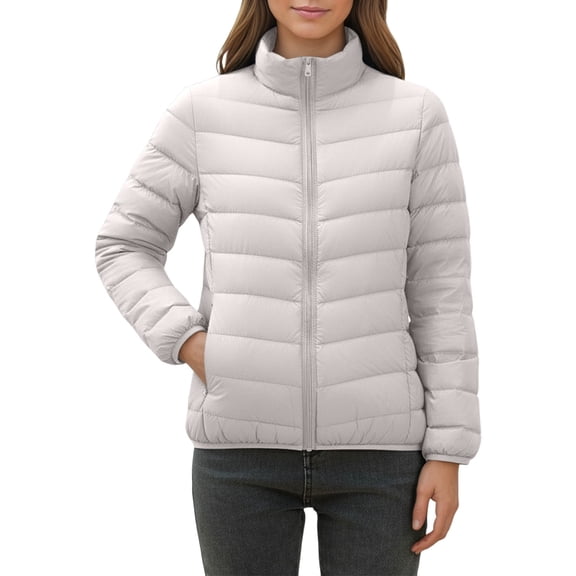 HNMKIU Lightweight Down Jacket Short Stand Collar Coat Winter Warm Slim Fit Outerwear Casual Plus Size Quilted Plus Size Coats for Women Comfortable for Autumn and Winter White,L