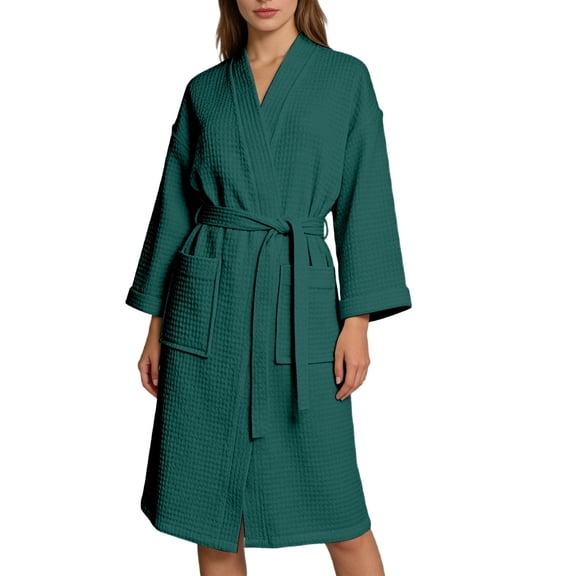HNMKIU Lightweight Waffle Kimono Robe for Women Long Sleeve Loungewear Soft Bathrobe Elegant Home Wear for Couples 01_Dark Green,S