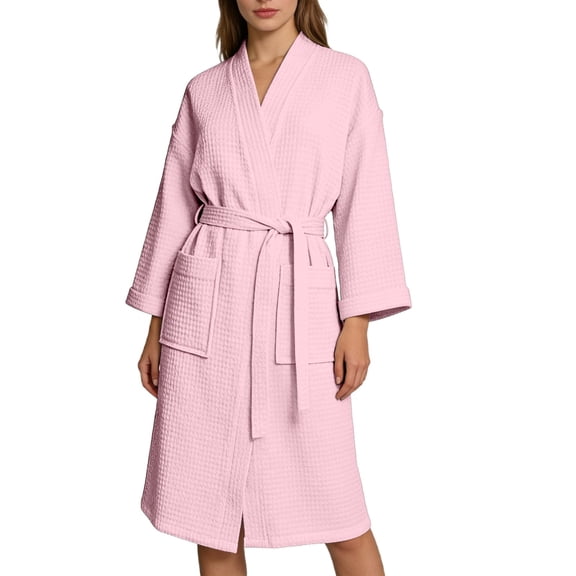HNMKIU Lightweight Waffle Kimono Robe for Women Long Sleeve Loungewear Soft Bathrobe Elegant Home Wear for Couples 01_Pink,XL