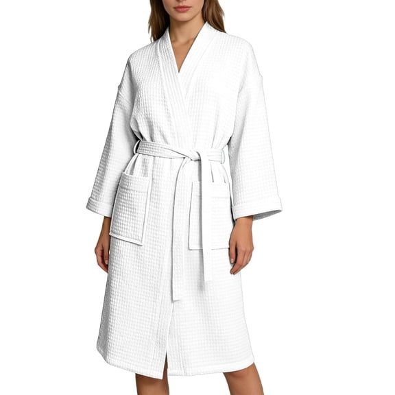 HNMKIU Lightweight Waffle Kimono Robe for Women Long Sleeve Loungewear Soft Bathrobe Elegant Home Wear for Couples 01_White,S